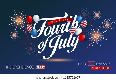 Independence day USA sale promotion banner template american balloons flag and Colorful Fireworks decor.4th of July celebration poster template.fourth of july voucher discount.Vector illustration .