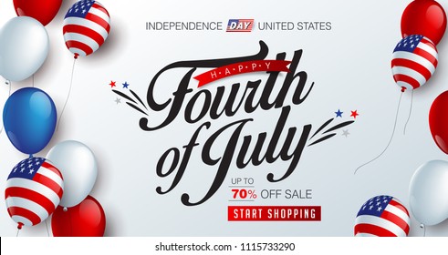 Independence day USA sale promotion banner template american balloons flag decor.4th of July celebration poster template.fourth of july voucher discount.Vector illustration .