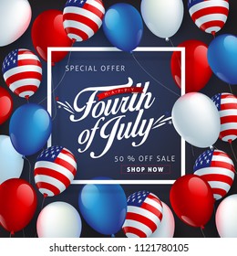 Independence day USA sale promotion banner template american balloons flag decor.4th of July celebration poster template.fourth of july voucher discount.Vector illustration .