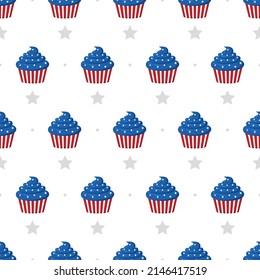 Independence Day of USA. Seamless pattern with cupcakes. Holiday background for 4th of July celebration. National Freedom Day. Vector illustration in flat cartoon style.