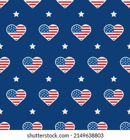 Independence Day of USA. Seamless pattern with hearts. Holiday background for 4th of July celebration. National Freedom Day. Vector illustration in flat cartoon style.