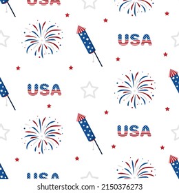 Independence Day of USA. Seamless pattern with fireworks. Holiday background for 4th of July celebration. National Freedom Day. Vector illustration in flat cartoon style.