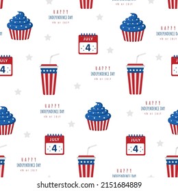 Independence Day of USA. Seamless pattern with festive elements. Holiday background for 4th of July celebration. National Freedom Day. Vector illustration in flat cartoon style.