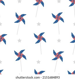 Independence Day of USA. Seamless pattern with pinwheel. Holiday background for 4th of July celebration. National Freedom Day. Vector illustration in flat cartoon style.