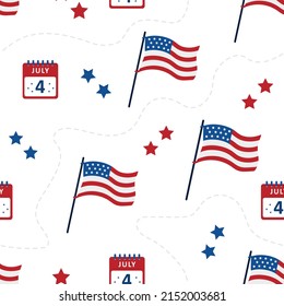 Independence Day of USA. Seamless pattern with flags. Holiday background for 4th of July celebration. National Freedom Day. Vector illustration in flat cartoon style.