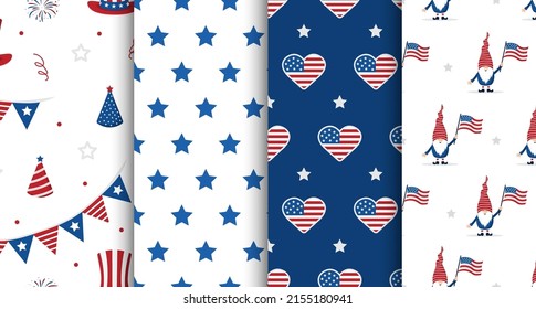 Independence Day of USA. Set of seamless patterns with festive elements. Holiday background for 4th of July celebration. National Freedom Day. Vector illustration in flat cartoon style.