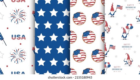 Independence Day of USA. Set of seamless patterns with festive elements. Holiday background for 4th of July celebration. National Freedom Day. Vector illustration in flat cartoon style.