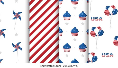 Independence Day of USA. Set of seamless patterns with festive elements. Holiday background for 4th of July celebration. National Freedom Day. Vector illustration in flat cartoon style.