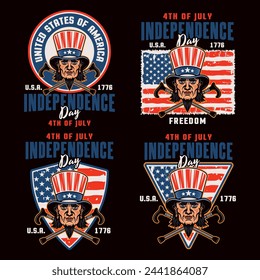 Independence day of USA set of vector emblems with uncle Sam head in colored style on dark background