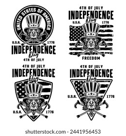 Independence day of USA set of vector emblems with uncle Sam head in monochrome black style isolated on white background