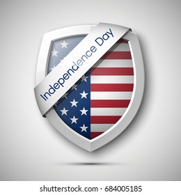Independence Day USA shield icon. President's day shield banner isolated, stars and stripes presentation. Protect privacy badge. United States of American President holiday shield. Veterans Day sign