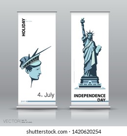 Independence Day, USA. Statue of Liberty, Poster. Vertical banner advertising design. Holiday. National Symbol of America. Vector Illustration. Business presentation. New York. Template X-banner flyer