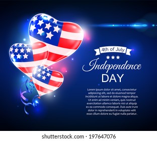 Independence day of the USA typographical background. Shining balloons and place for text.