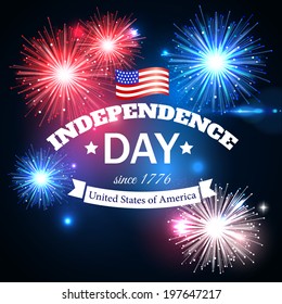 Independence day of the USA typographical background. Shining fireworks and place for text.