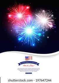 Independence day of the USA typographical background. Shining fireworks and place for text.