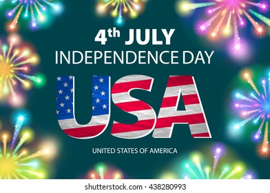 Independence day of the USA typographical background. Shining fireworks and place for text. vector art