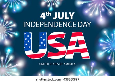 Independence day of the USA typographical background. Shining fireworks and place for text. vector art