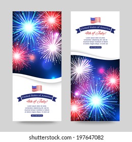  Independence day of the USA typographical banners. Shining balloons and place for text.
