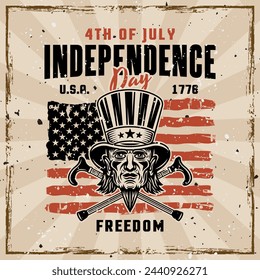 Independence day of USA vector emblem with uncle Sam head. Illustration vintage style on background with removable grunge textures on separate layers