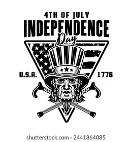 Independence day of USA vector emblem with uncle Sam head in monochrome black style isolated on white background