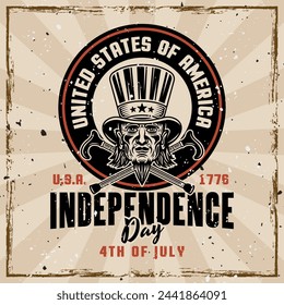 Independence day of USA vector emblem with uncle Sam head. Illustration vintage style on background with removable grunge textures on separate layers