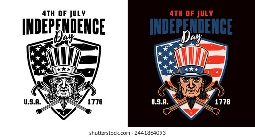 Independence day of USA vector emblem with uncle Sam head. Illustration in two styles, black on white and colored on dark background