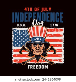 Independence day of USA vector emblem with uncle Sam head in colored style on dark background