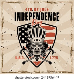 Independence day of USA vector emblem with uncle Sam head. Illustration vintage style on background with removable grunge textures on separate layers