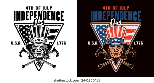 Independence day of USA vector emblem with uncle Sam head. Illustration in two styles, black on white and colored on dark background