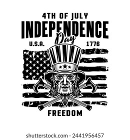 Independence day of USA vector emblem with uncle Sam head in monochrome black style isolated on white background