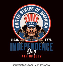 Independence day of USA vector emblem with uncle Sam head in colored style on dark background