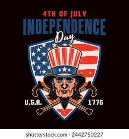 Independence day of USA vector emblem with uncle Sam head in colored style on dark background