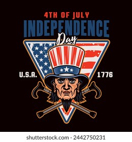 Independence day of USA vector emblem with uncle Sam head in colored style on dark background