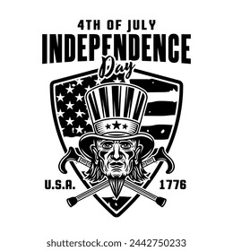 Independence day of USA vector emblem with uncle Sam head in monochrome black style isolated on white background