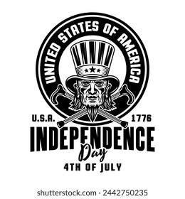 Independence day of USA vector emblem with uncle Sam head in monochrome black style isolated on white background