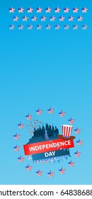 Independence day usa, vector. Illustration for your design. The inscription: "Independence Day". New York and Statue of Liberty in the background with a hat. Logo. Vertical orientation of the sheet.