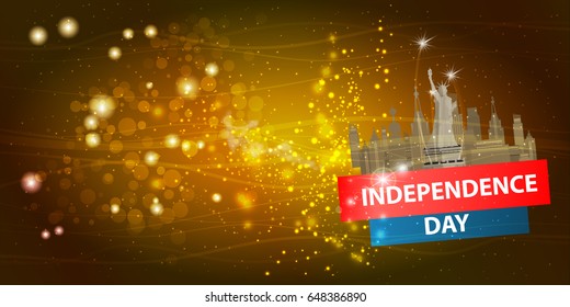 Independence day usa, vector. Illustration for your design. The city of New York on a gold background with the inscription "Independence Day" a statue of freedom at the head. Horizontal orientation