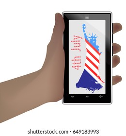 Independence day usa, vector. Illustration for your design.  A smart phone in the hands of a patriot on a white background.