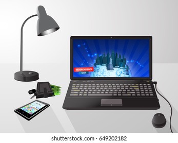 Independence day usa, vector. Illustration for your design. Laptop on a white background. With the inscription "Independence Day" and New York with a statue of freedom on the planet earth.