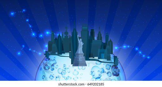 Independence day usa, vector. Illustration for your design. Statue of Liberty and the city of the earth. Vertical orientation of the sheet.