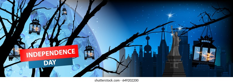 Independence day usa, vector. Illustration for your design. City of New York on a blue background with a moon and stars. Horizontal orientation of the sheet. With the inscription "Independence Day"