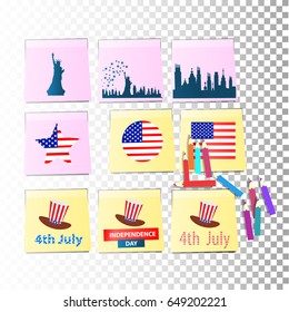 Independence day usa, vector. Illustration for your design. The pages of the notebook are yellow. Stickers with pencils. Logo. Hat, city silhouette, flag ...