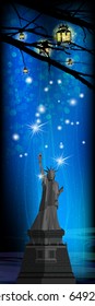 Independence day usa, vector. Illustration for your design. A statue of on a blue background with fireworks and stars. Vertical orientation of the sheet. 