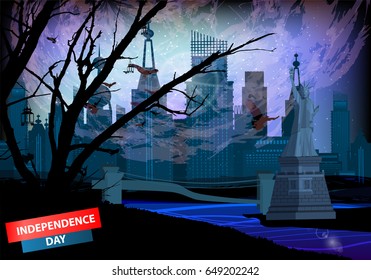 Independence day usa, vector. Illustration for your design. Statue of Liberty and the City. Horizontal orientation of the sheet. With the inscription "Independence Day"