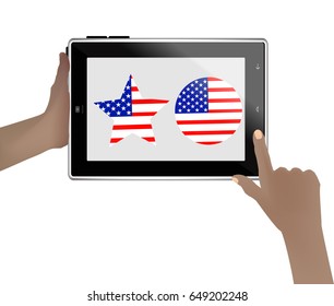 Independence day usa, vector. Illustration for your design. A tablet computer in the hands of a patriot on a white background. With the flag of America in the shape of a star and circle.