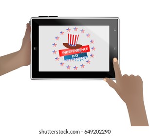 Independence day usa, vector. Illustration for your design. A tablet computer in the hands of a patriot on a white background.