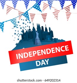 Independence day usa, vector. Illustration for your design. The inscription: "Independence Day". New york and Statue of Liberty on white is easily separated with star blue and holiday flags. Logotype