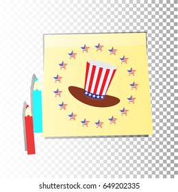 Independence day usa, vector. Illustration for your design. The pages of the notebook are yellow. Sticker with blue and red pencil. Logo. The hat is the color of  American flag and a circle of stars.