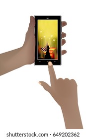 Independence day usa, vector. Illustration for your design. A smart phone in the hands of a patriot on a white background. With a statue of liberty logo and a star on a yellow background