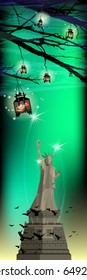 Independence day usa, vector. Illustration for your design. A statue of  on a green background with fireworks and a tree. Glowing flashlights. Vertical orientation of the sheet.